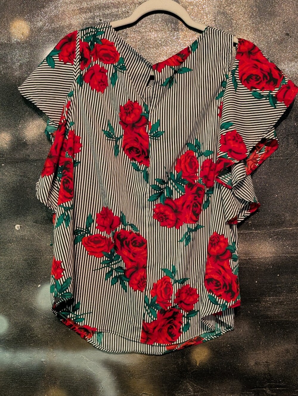 Floral Stripe V-Neck Women's Top - Red Floral